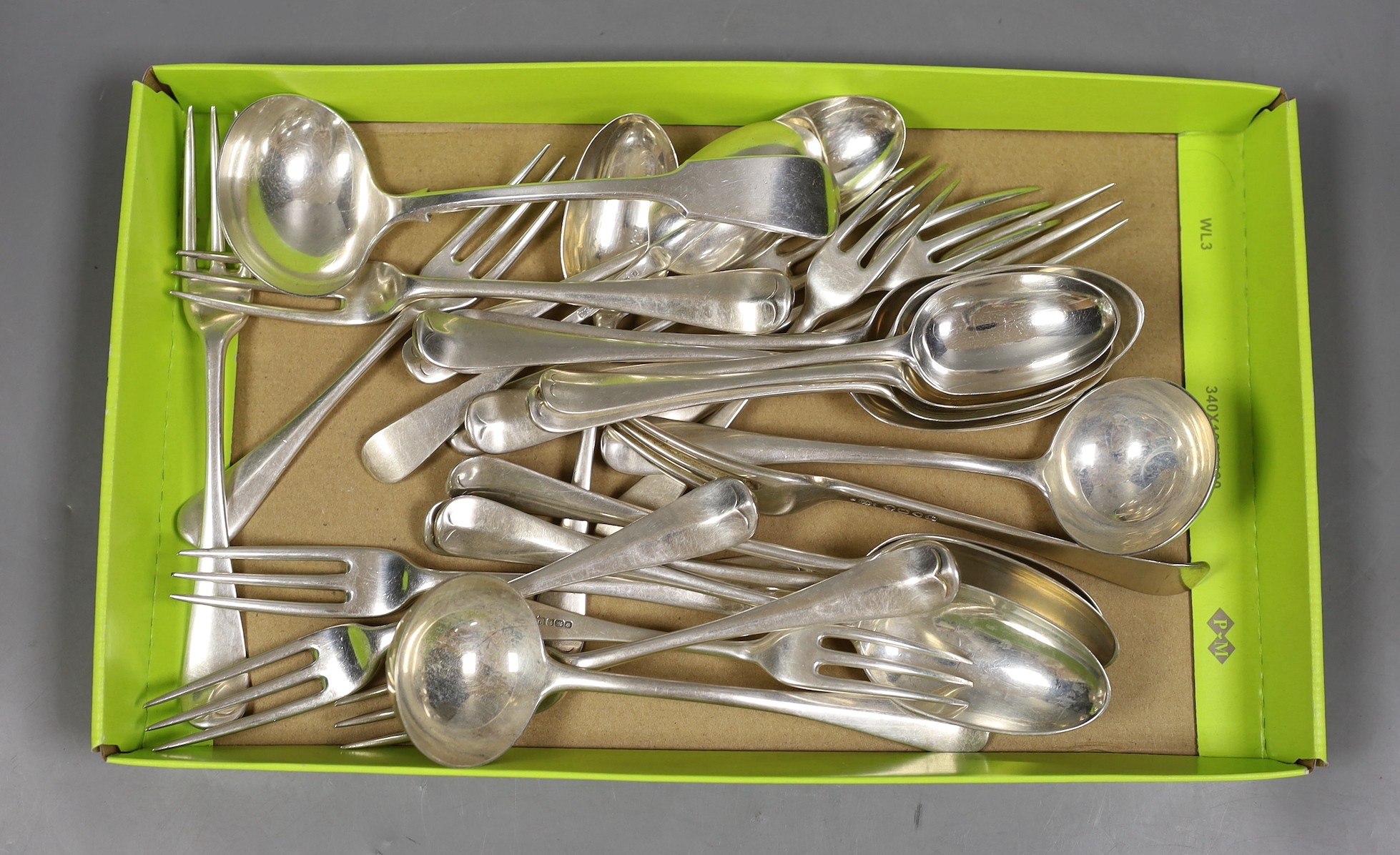 A matched part canteen of Victorian and later silver flatware for six, various patterns, dates and makers, including three pronged forks, comprising twenty seven items, 55.2oz.